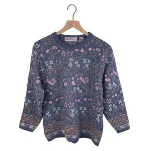 Vintage 80s 90s Amanda Smith Dusty Blue Pastel Floral Sweater Cottage Size Large